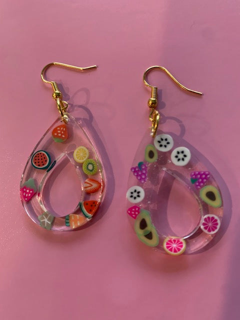 Round end fruit dangle earrings